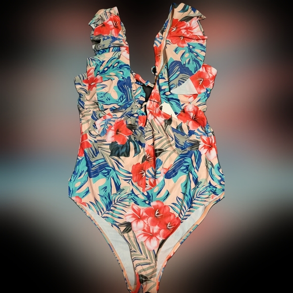 Women's Floral one-piece Swimsuit with ruffled plunging neckline size XL - Picture 6 of 13